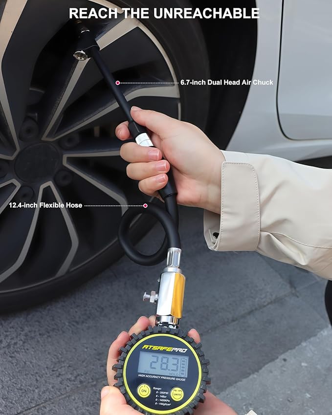 ATsafepro Digital Tire Pressure Gauge - Backlit Display, 200 PSI Accurate Tire Gauge - Hold Function, Long Hose, Dual Head Air Chuck, 4 Units, Bleed Valve, AAA Battery, for Car Truck RV
