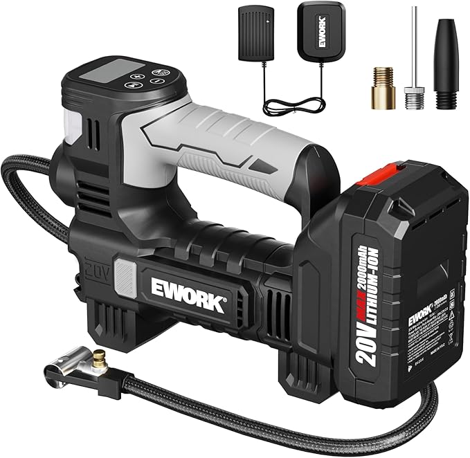 EWORK 150 PSI Tire Inflator Portable Air Compressor with 20V 2.0Ah Battery, Inflates in 3 Minutes (195/60 R16), Auto Shut-Off, Digital Pressure Gauge Air Pump for Car Tires, Motorcycle, Bike