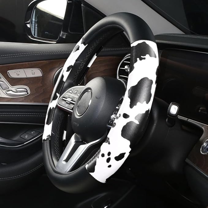 Dotesy Leather Cow Pattern Steering Wheel Cover Protector Cow Print Car Accessories Anti Slip Universal for 36.5-38cm (Black 