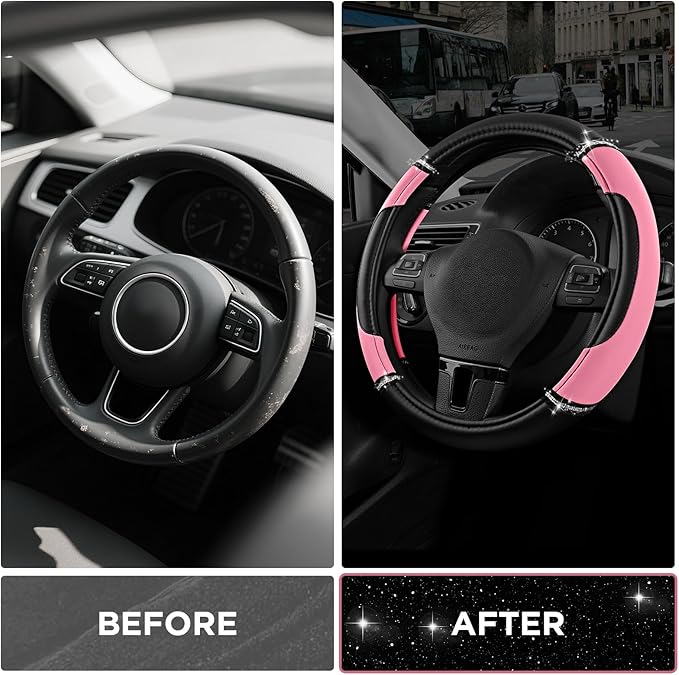 Road Comforts Leather Steering Wheel Cover - Made with PVC Leather - Anti-Slip, Universal Fit 14 1/2 inches to 15 inches - Pi
