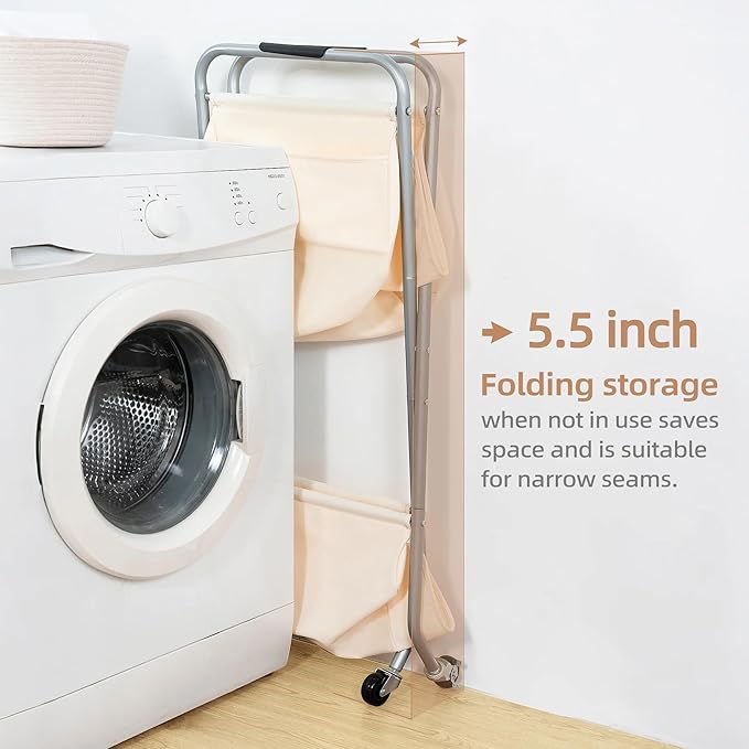 STORAGE MANIAC Collapsible Laundry Cart with Wheels 31.5"H Rolling Laundry Hamper Clothes Basket with Wheels, Canvas Liner St