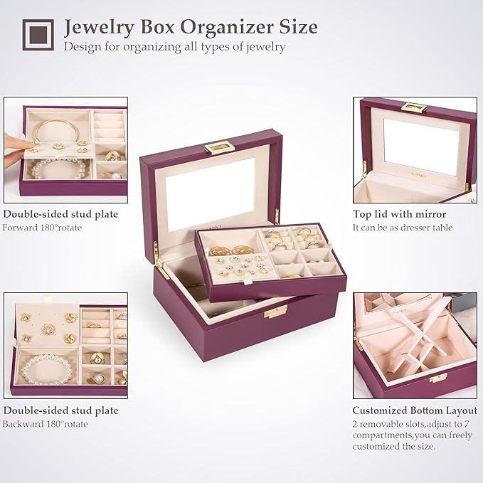 LANDICI Jewelry Organizer Box for Women Teen Girls,Large Jewelry Storage Case with Mirror,2 Layer Removable Stackable Tray,Le