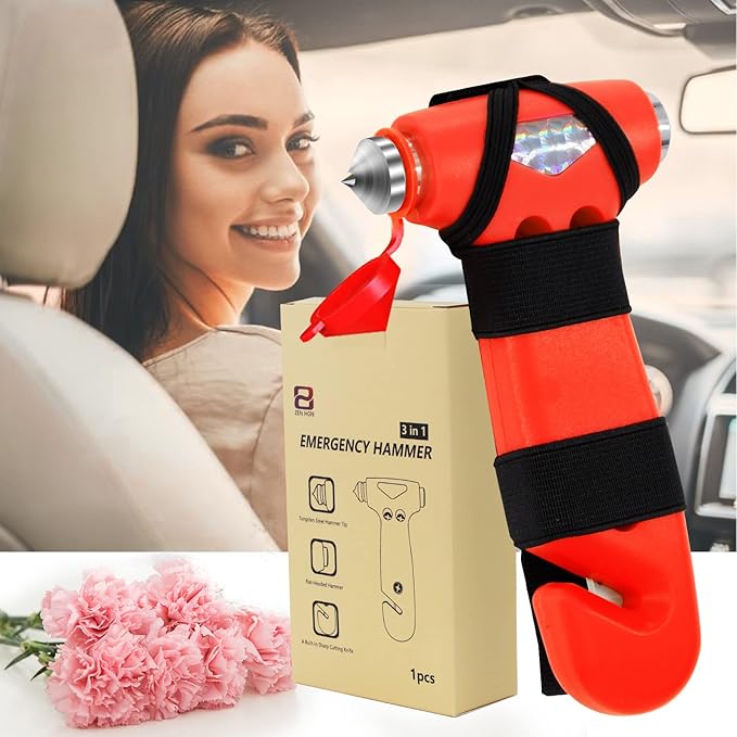 Car Safety Hammer for Lady, Red 3-in-1 Emergency Escape Tool with Window Breaker and Seat Belt Cutter, Safety Emergency Car E