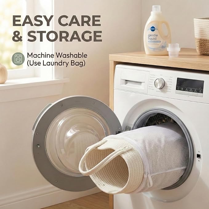 JMvicyroam 115L Extra Large Blanket Basket for Living Room - Woven Cotton Rope Laundry Hamper with Reinforced Handles - Stora