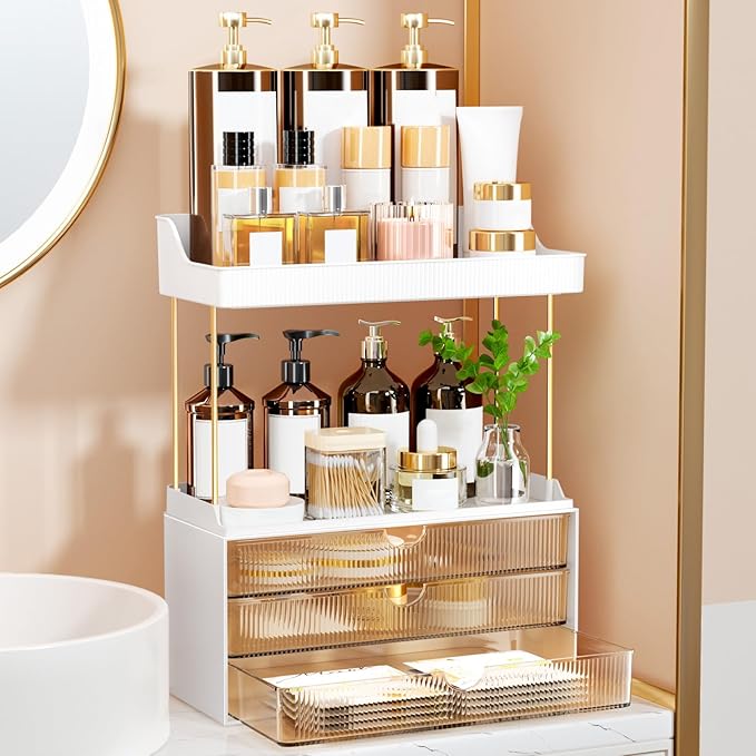 StorBin 3 Large Drawers Makeup Organizer - 5 Tier Bathroom Counter Organizers and Storage, Versatile Perfume Vanity Organizer