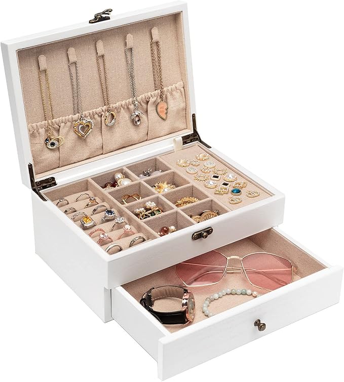 Pinzoveco Jewelry Box for Women, Rustic Wooden Jewelry Organizer Box for Storage Earrings Rings Necklace Bracelet, Farmhouse 