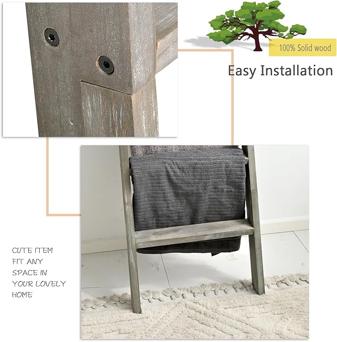 FUIN 5ft (58") Wood Blanket Ladder Living Room Decorative Wall Leaning Farmhouse Quilt Display Holder Shelf Rustic Wooden Tow
