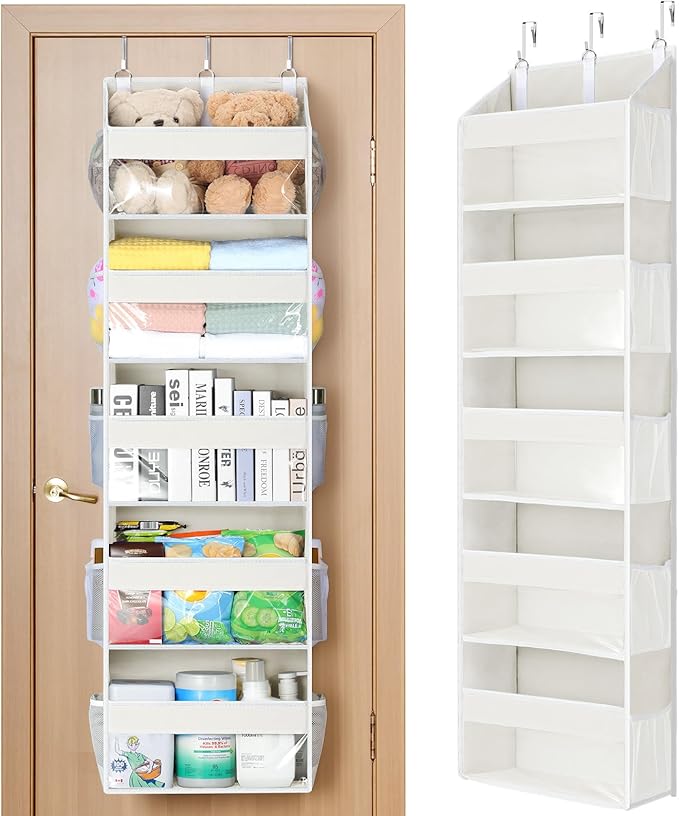 Yecaye 5 Tier Clear Over the Door Organizer Hanging, 5 Large Plastic Pockets and 10 Side Pockets Back of Door Organizer, 56lb