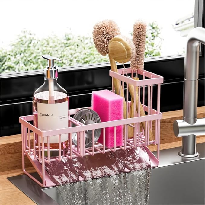 Cisily Pink Kitchen Sink Caddy Organzier with High Brush Holder, Sponge Holder for Sink, 304 Rustproof Stainless, Kitchen Cou