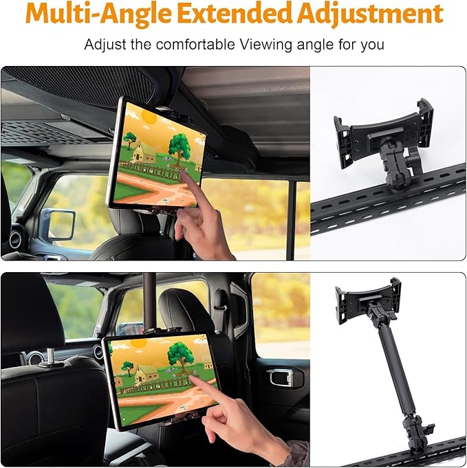 MAIKER Backseat Tablet Holder, Adjustable Hanging iPad Holder Mount Compatible with 2018-2025 Jeep Wrangler JL & 2020-2025 Gladiator JT, Road Trip Essentials for Kids for 4.92‘’~9.25’’ Devices Black