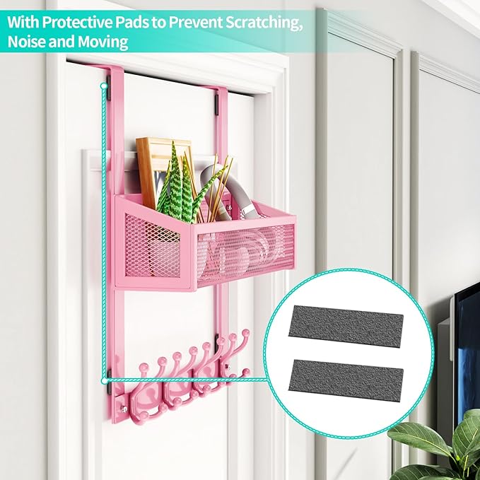HapiRm Over The Door Hooks - Easy Installation Pink Door Hanger with Basket and 16 Hooks, 304 Stainless Steel Storage Organiz