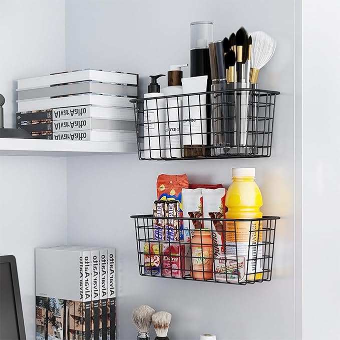 Adhesive Basket Wall Wire Basket Over the Cabinet Door Organizer No Drilling Mounted 4 Pack, Black