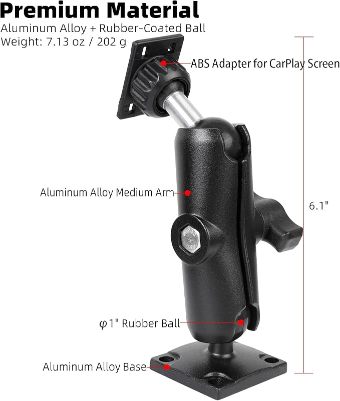 Car Mount for CarPlay Screen, Aluminum Alloy Medium Arm & Square Plate AMPS Base, Truck Vehicle Dashboard Mount for in-Car Monitors CarPlay Mounts