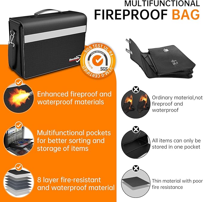 DocSafe Fireproof Document Bag with Multiple Pockets,5200°F Large (17”x12.5”x7.2”) File Organizer Fireproof Waterproof Bag Im