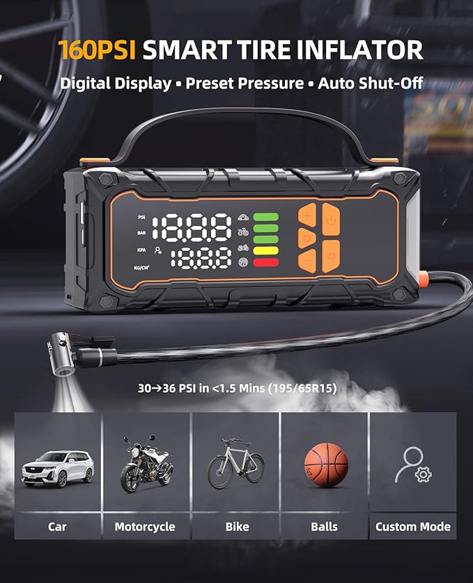 Battery Jumper Starter Portable, Jump Starter with Air Compressor-4000A 12V (7.0L Gas/ 6.0L Diesel) with 160PSI Tire
