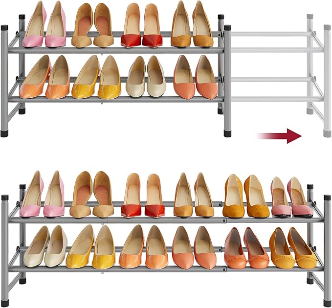 Tajsoon 2 Tier Expandable Shoe Rack for Closet, 28“-41“Adjustable & Stackable Shoe Shelf Storage, Metal Shoe Rack Organizer f