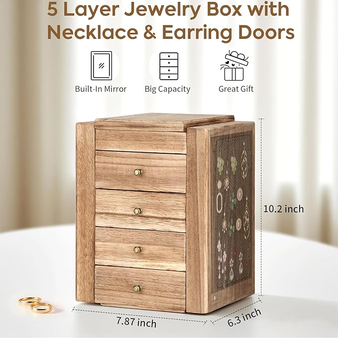 Meangood Jewelry Box Wood for Women, 5-Layer Large Organizer Box with Mirror & 4 Drawers for Rings, Earrings, Necklaces, Vint