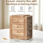 Meangood Jewelry Box Wood for Women, 5-Layer Large Organizer Box with Mirror & 4 Drawers for Rings, Earrings, Necklaces, Vint