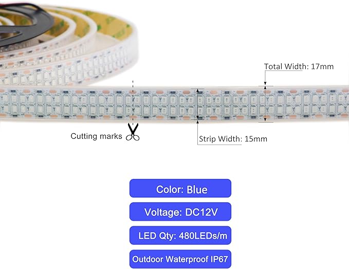 Outdoor 12V LED Strip Lights 16.4ft, Double Row 2400 LEDs Waterproof IP67, Super Bright Blue Dimmable Flexible Tape Lights for Outdoor, Truck, RV, and Boat Lighting