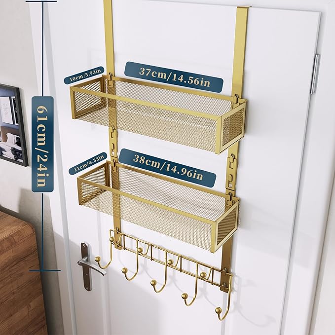 Consumest Over The Door Hooks Organizer - Extra Long Door Hanger with 9 Coat Hooks & 2 Mesh Basket, Back Storage Organizer Ha