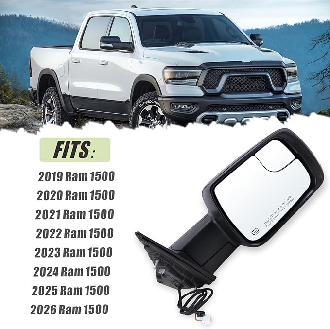Right Passenger Side Mirror Compatible With 2019-2026 Ram 1500 With Power Folding Power Glass Heated Turn Signal Puddle Light Matte Black Replace#68276500AH (8+2Pins)
