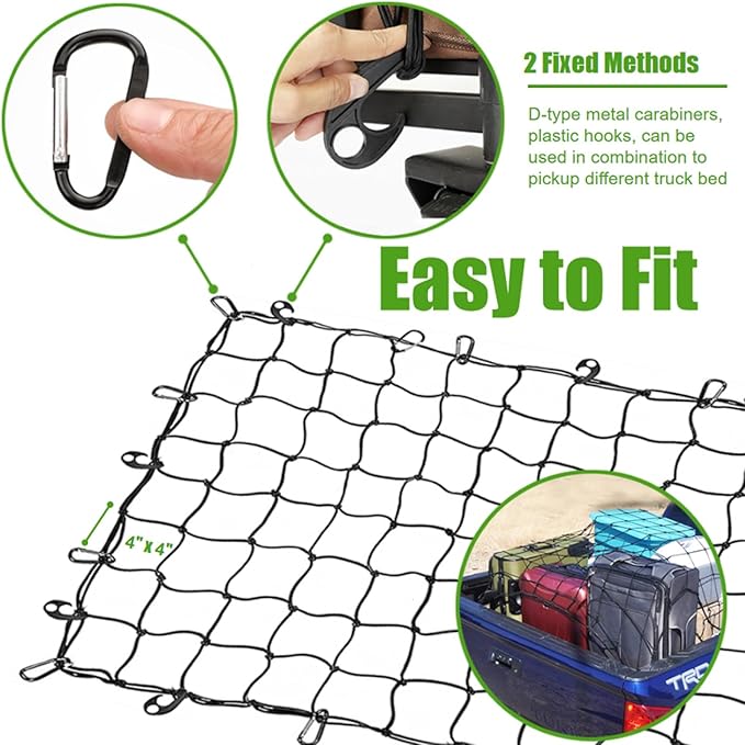 WSSROGY 4' x 6' Cargo Net Stretches to 6' x 12', Heavy Duty Cargo Netting for Pickup Truck Bed, Roof Rack Net with Hooks Carabiners