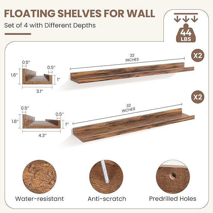 Fun Memories Picture Ledge Shelf, Floating Shelves Set of 4, 32 Inch Picture Shelves for Wall with Ledge, Large Nursery Book 