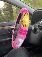 Handmade Crochet Sun and Moon Car Steering Wheel Covers Universal 14-15 inch for Women and Men (A,Steering Wheel Cover+2 Belt Cover)