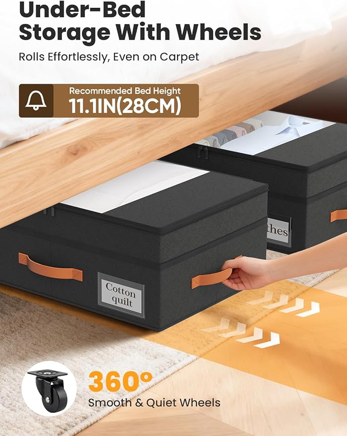 2-Pack Under Bed Storage with Wheels and 6 Vacuum Seal Bags, Adjustable Height 7.9"-10.2",Heavy Duty Capacity,Clear Lid Organ