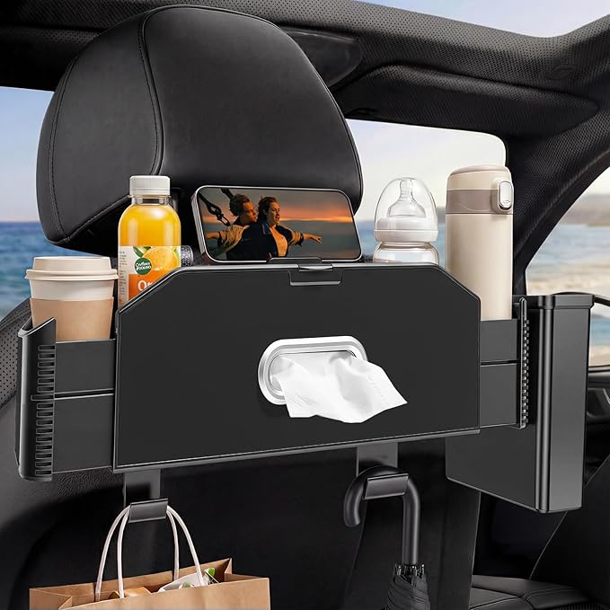5-in-1 Car Back Seat Organizer and Storage with Extendable Cup Holder, Tissue Holder, Phone Holder, Hanging Hooks, Trash Bin, Back of Seat Car Headrest Organization Accessories for Women Man