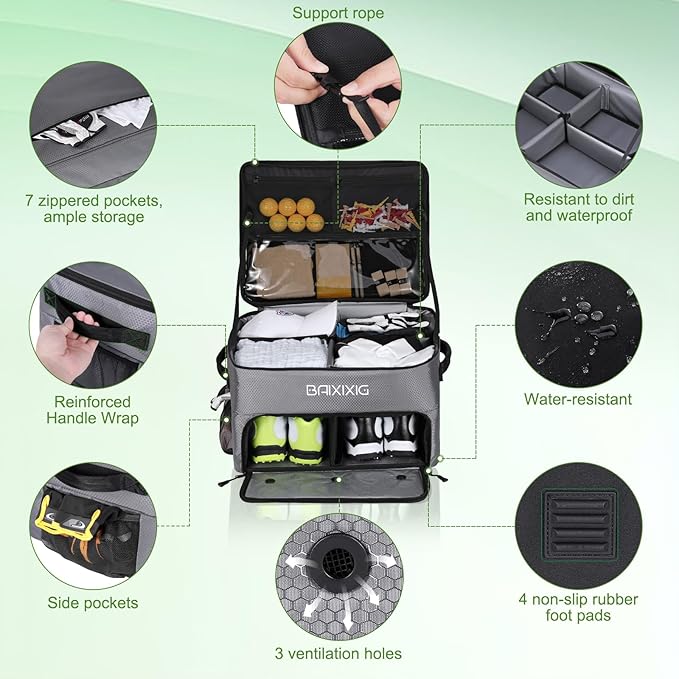 Golf Trunk Organizer, Waterproof Car Golf Locker with Separate Ventilated Compartment for 2 Pair Shoes, Golf Storage for Balls, Tees