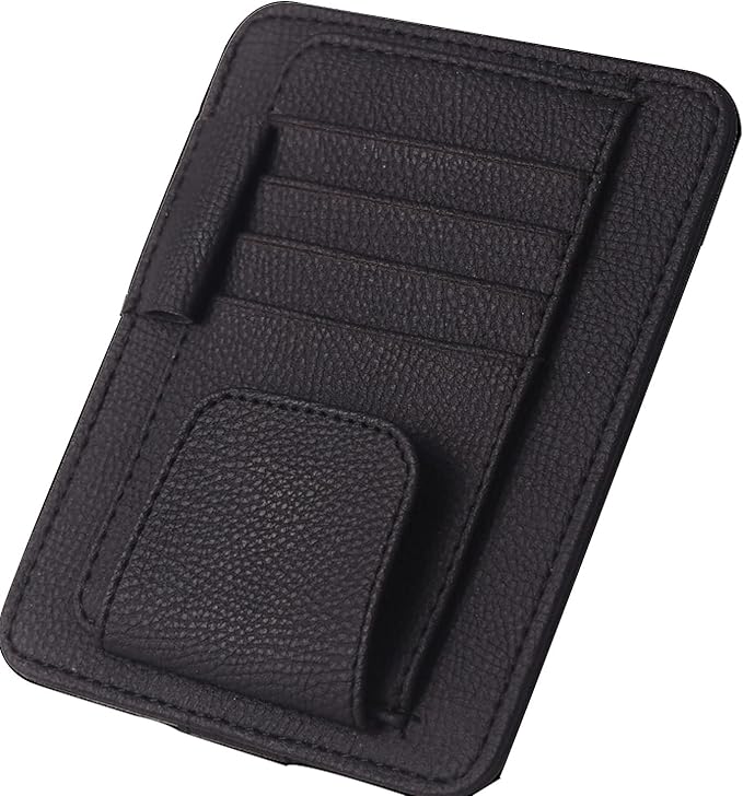 Small Leather Sun Visor Organizer for Car and Truck - Sunglass Holder, Card Sleeve Pocket, Document Holder for Registration, Driving License, Insurance, Pen, Chapstick