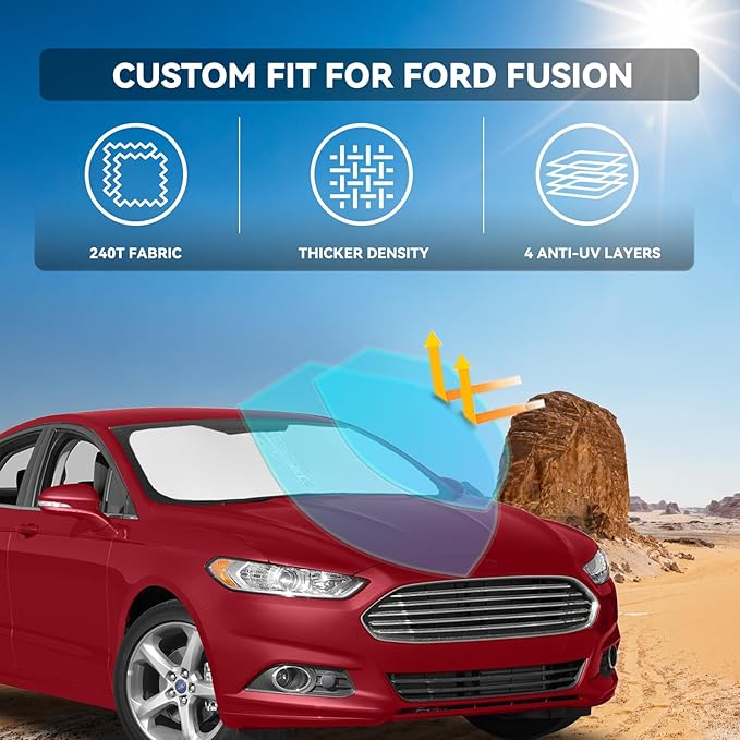 for Ford Fusion Sun Shade 2013-2021 - 4 Layers Car Sunshades for Front Windows Shade Cover Custom Fit Fusion Sun Visor 250T Retractable Shade Blocks UV Rays Car Accessories