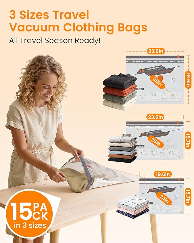 Vacuum Seal Bags for Clothing Travel with Rechargeable Cordless Pump, 15 Pack Compression Space Saver Bags for Packing, Lugga