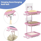 Moforoco 3 Tier Pink Soap Dish Holder for Shower Wall, No Drilling, 304 Stainless Steel, Soap Bar with 4 Hooks and Razor Hold