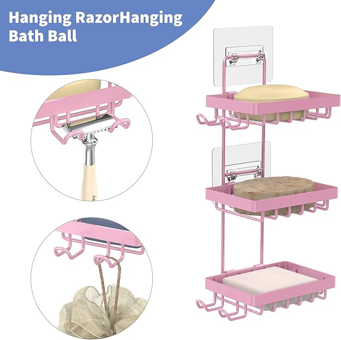 Moforoco 3 Tier Pink Soap Dish Holder for Shower Wall, No Drilling, 304 Stainless Steel, Soap Bar with 4 Hooks and Razor Hold