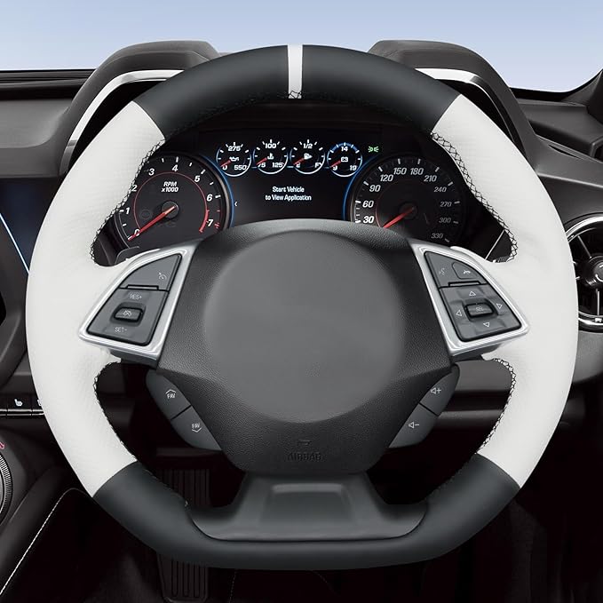 MEWANT Hand Stitched White Leather Steering Wheel Cover Wrap for Chevrolet Camaro 2017-2022 Steering Wheel Accessories for Chevrolet Camaro 2017-2022