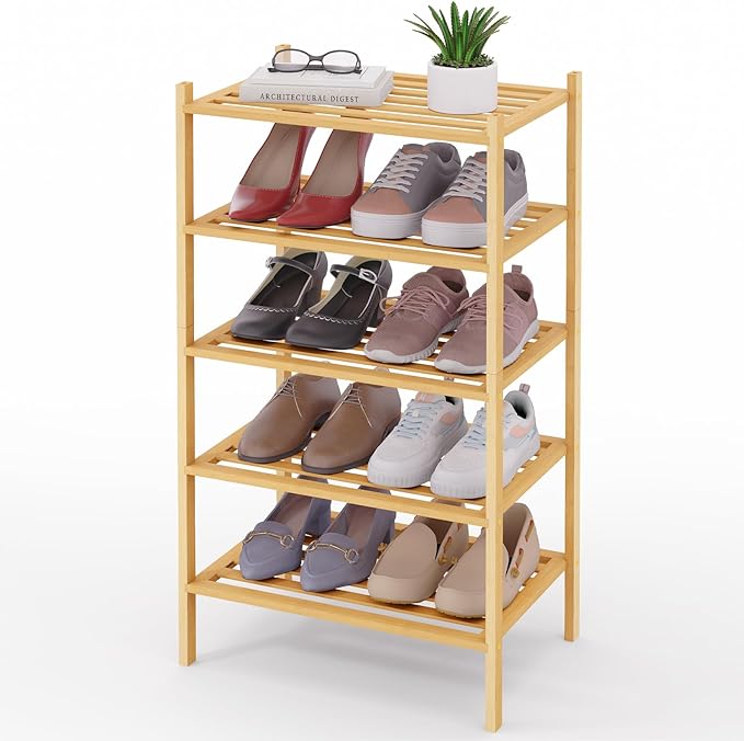 Smiry Small Bamboo Shoe Rack 5-Tier, Stackable Wooden Shoe Organizer for Entryway & Closet, Free Standing Wood Shoe Storage S
