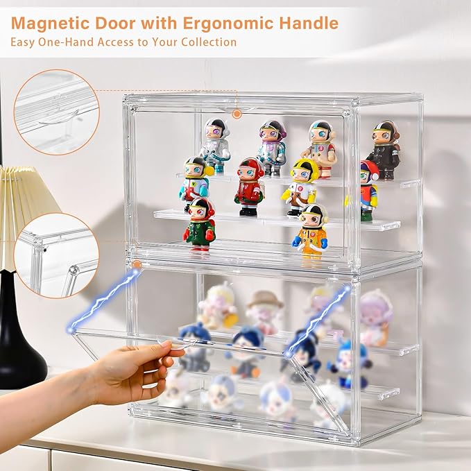 Freebat Clear Acrylic Display Case for Collectibles - 3-Tier Adjustable Figure Display with Magnetic Door & Removable Shelves