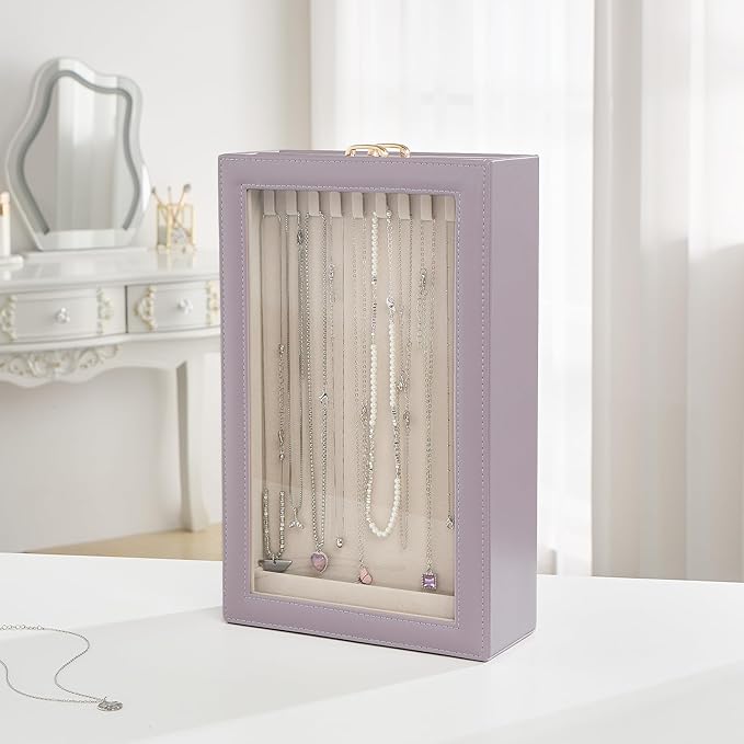 Lolalet Necklace Organizer Box, Jewelry Storage Box with Clear Window for Necklaces Bracelets, Tangle-Free Necklace Display C