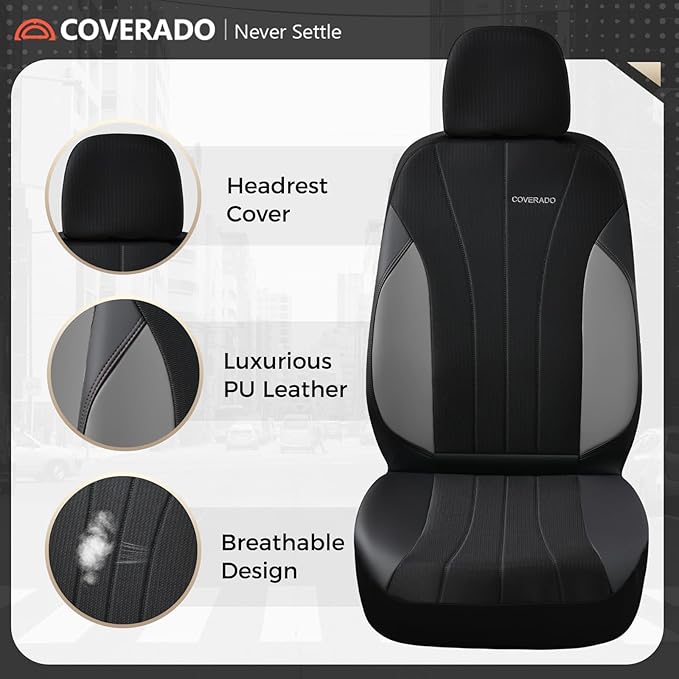 Coverado Automotive Seat Cover Full Set, Front and Rear Seat Covers, Waterproof Leather Seat Covers 5 Seats, Luxury Car Seat 
