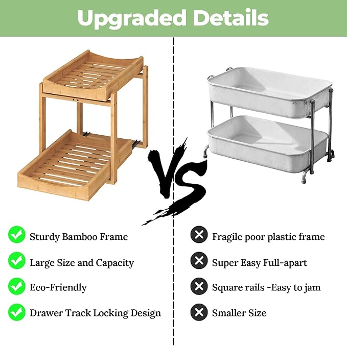 Bamboo Under Sink Organizer and Storage, 2 Pack Pull Out Cabinet Organization, 2 Tier Vertical Slide Out Undersink Storage Sh