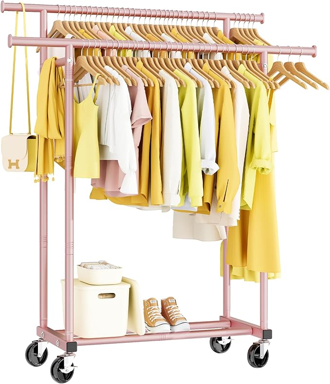 HYSEYY Double Rods Clothes Rack, Sturdy Rolling Clothing Rack, Portable Clothing Racks for Hanging Clothes - Metal Garment Ra