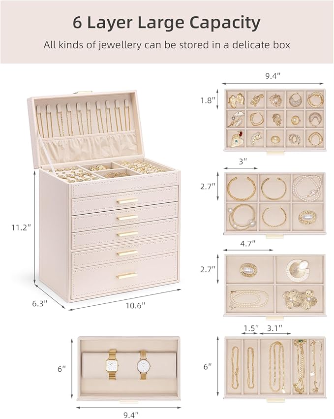Vlando 6 Layer Large Jewelry Box - Jewelry Holder Organizer, Jewelry Box Organizer for Drawer Necklace Ring Bracelet and Watc