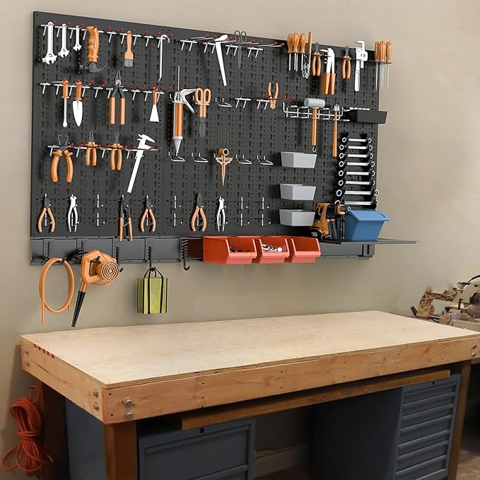 TORACK Metal Pegboard Wall Organizer System for Garage, 109PCS Kit with Pegboard Bins, Hooks, Peg Locks, Black Steel