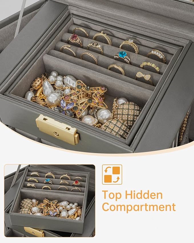 AKOZLIN 4-Tier Jewelry Box Leather Jewelry Storage Organizer with 3 Drawers Lockable for Women Girls Ring Necklace Earring Br