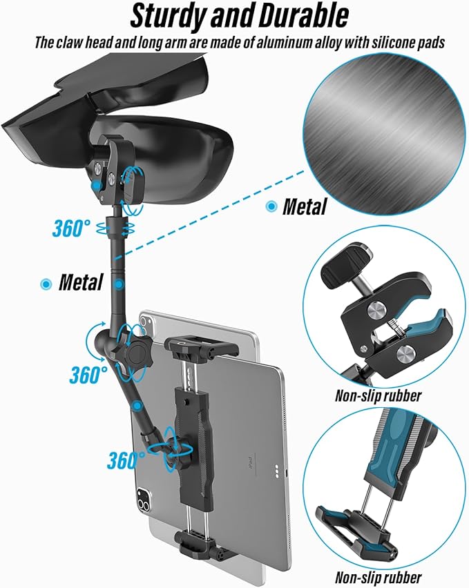 woleyi Car Rearview Mirror Tablet Holder Clip - [Metal Arm] Rear View Mirror Tablet Mount for Car Accessories with 360 Rotatable and Retractable for iPad Pro 13 Air Mini, Galaxy, Fire, 6-15.6" Devices