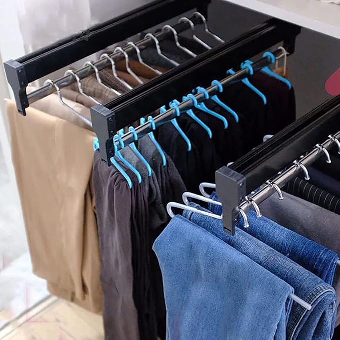 Pull Out Clothes Rail Extendable Pull Out Closet Rod - Adjustable Clothing Organizer Holder, Telescopic Trouser Hanger with S