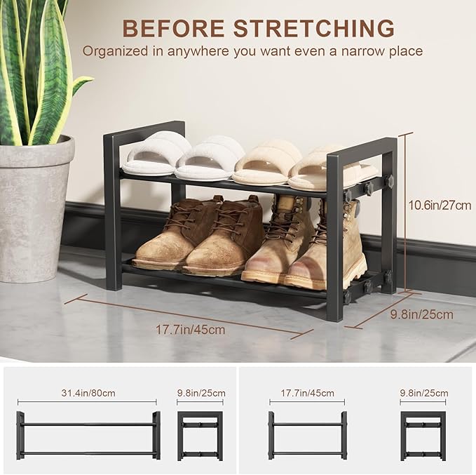 2-Tier Expandable Shoe Rack,Adjustable Shoe Shelf Storage Organizer Heavy Duty Metal Free Standing Shoe Rack for Entryway Clo