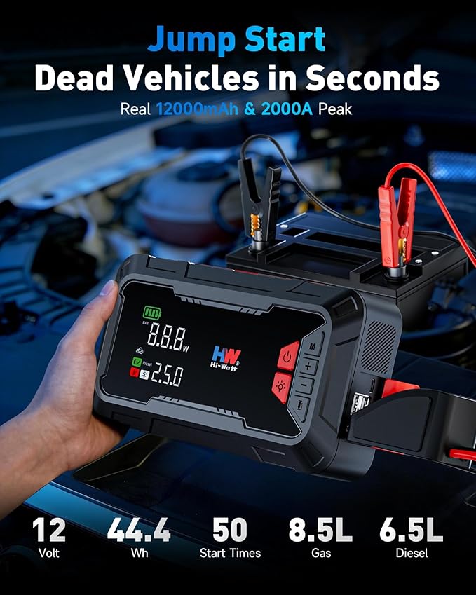HW Car Battery Jump Starter with Air Compressor, [44.4Wh, 160PSI] True 2000A Portable Car Jumper Pack (8.5 Gas/6.5L Diesel), 12V Jump Box with Jumper Cables/Air Chucks/USB-C Cables-65W Fast Charging